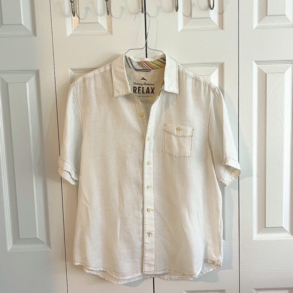 EUC -Tommy Bahama RELAX - %100 Linen - Mens Short Sleeve Shirt - Size L -  Cream - Picture 1 of 7